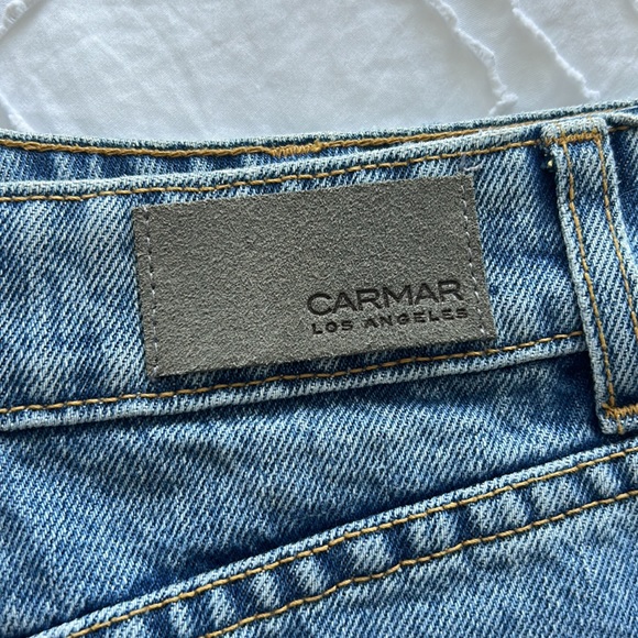 jean skirt with red stars with black and white outline, fringy on the bottom - Picture 3 of 6